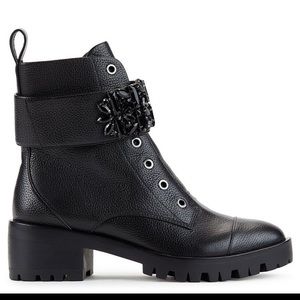 Karl Lagerfeld Pippa Jeweled Strap Leather Lug Sole Combat Booties